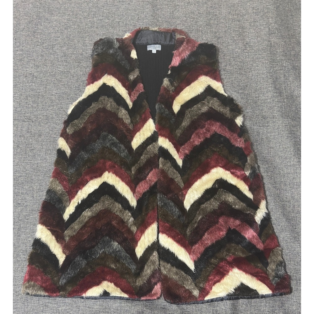Joseph A Woman 2X Faux Fur Vest Chevron Multicolor Knit Back